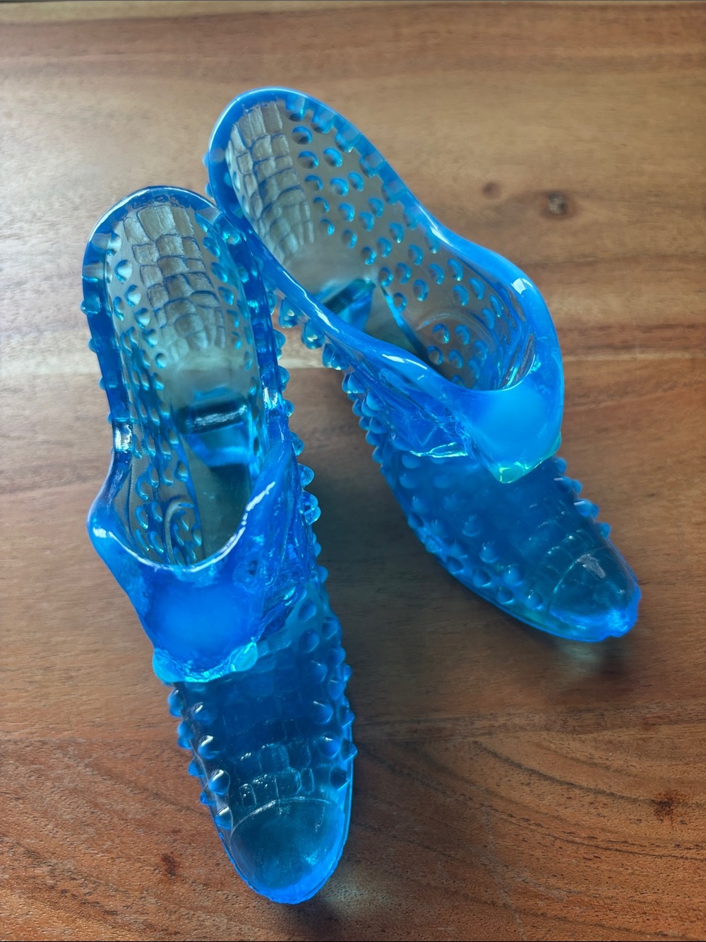 Vintage Fenton Blue Opalescent Hobnail Cat Head Queen Kitten Slipper - Set of 2